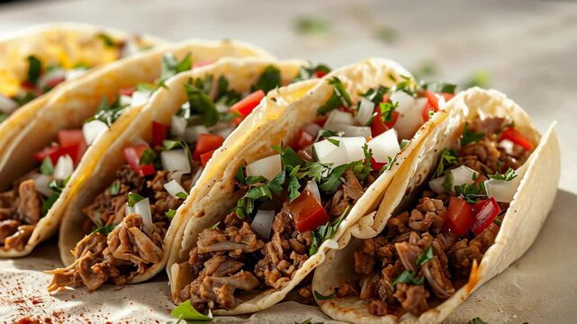 Ground beef tacos with fresh tomatoes, onion, cilantro in hard shell tortillas. Mexican cuisine concept. Design for restaurant menu, food blog, culinary Unique website.