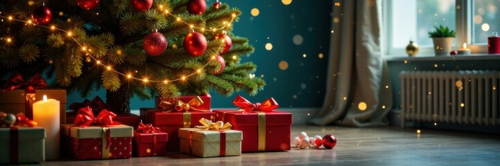 Vibrant Christmas tree surrounded by beautifully wrapped gifts and festive decorations, tree, decorations, bows