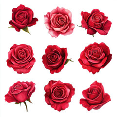 Nine stunning red roses with lush petals and vibrant color displayed against a crisp white background, creating a romantic and elegant image