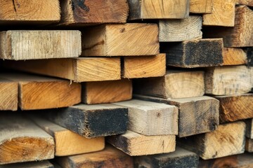 Stacked timber planks in warm lighting and soft focus. Artificial Intelligence image