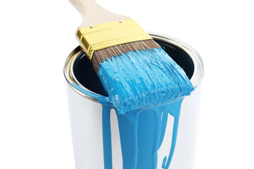 Can of light blue paint and brush isolated on white