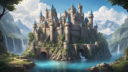 Fantasy castle with blue turrets near a tranquil lake