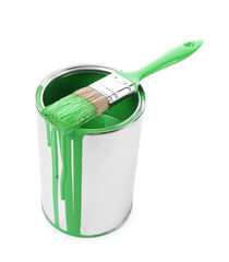 Can of light green paint and brush isolated on white