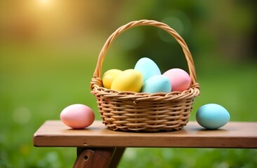 A wicker basket with colored Easter eggs stands on a bench. The eggs are pink, blue, and yellow. The background is blurry green