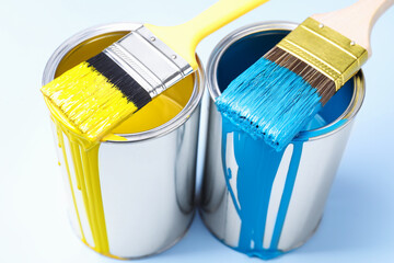 Cans of paint and brushes on light background, closeup