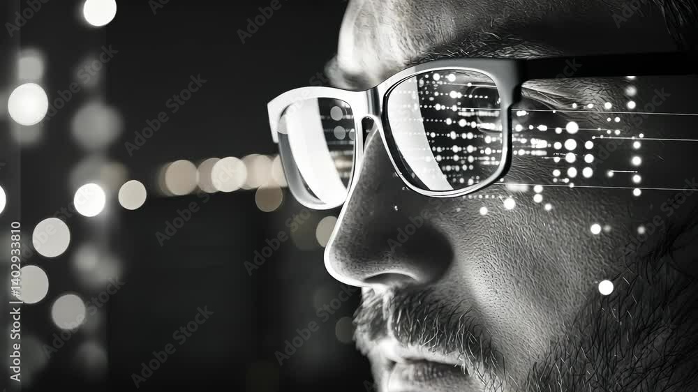 Poster close up profile of a businessman wearing futuristic glasses of a stream augmented data in analyzing