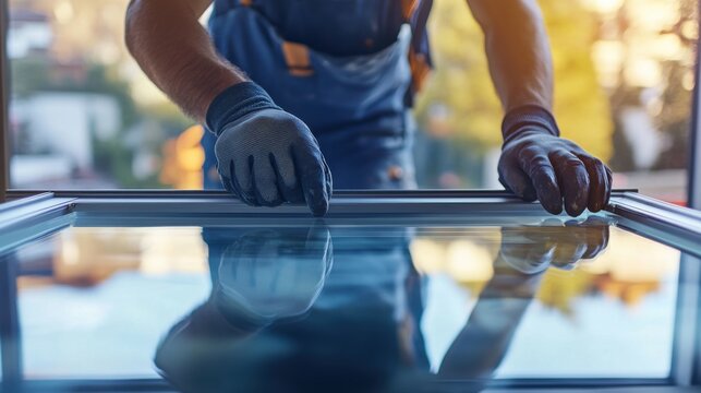 Glass installer adjusting a large windowpane into a frame. Featuring precision and careful handling