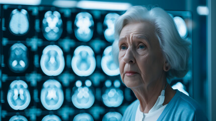Worried Elderly Woman with Blurred Brain Scan Symbolizing Dementia Risk and Cognitive Decline