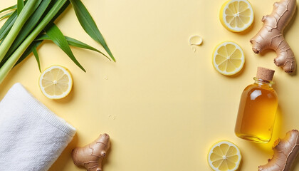 Lemongrass and ginger arrangement with essential oil and lemon slices on yellow background, Herbal tea picking  