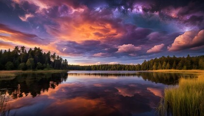 Fototapeta premium Serene Sunset over Still Lake with Starry Night Sky
