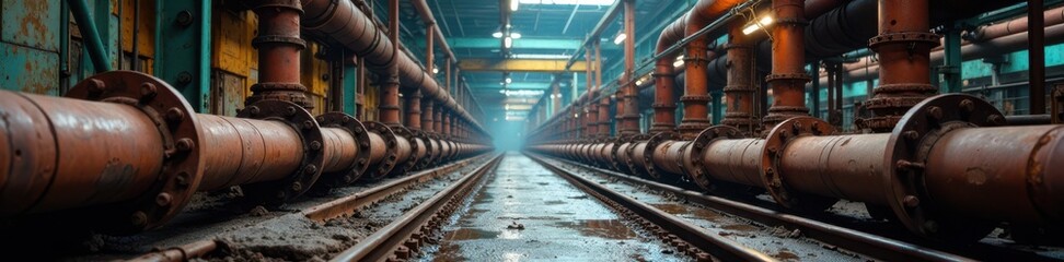Industrial landscape with exposed pipes and rusty metal, industrial, metal