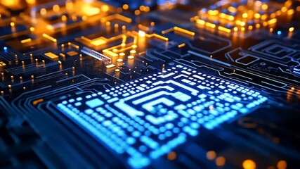 Close-up view of a futuristic circuit board with glowing elements and a QR code design - Powered by Adobe