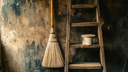 A wooden ladder and a broom leaning against a wall