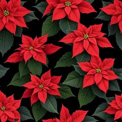 Seamless Pattern of Red Poinsettia Flowers on Black Background