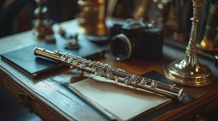 Obraz premium A silver flute rests on a wooden table beside other objects