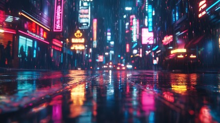 Obraz premium Moody cinematic city street glowing with neon lights and rain-soaked reflections, perfect for text overlay