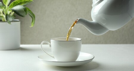 Pouring freshly brewed tea from teapot into cup at white table, closeup