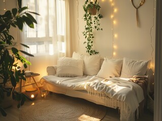 Cozy Boho Living Room Interior with Neutral Tones, Indoor Plants and Warm Ambient Lights