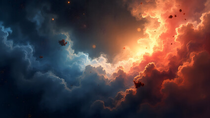 Expansive cosmic cloudscape with swirling red and blue nebula illuminated by starbursts, resembling a surreal painting, evoking mystery, wonder, and the vastness of the universe.
