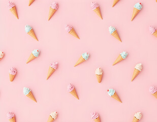 A visually appealing pattern features assorted ice cream cones set against a soft, vibrant pink backdrop.