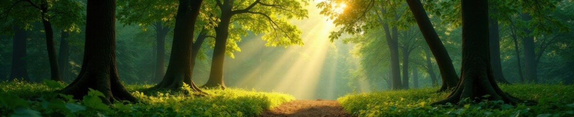 Panorama of a serene forest with sunlight filtering through the trees, woodland, nature, sunlight