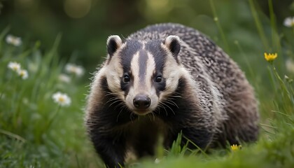 European Badger Close-Up in Green Meadow