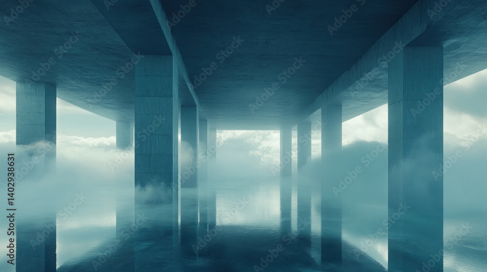 Poster concrete columns stand among dense clouds in an abstract architecture
