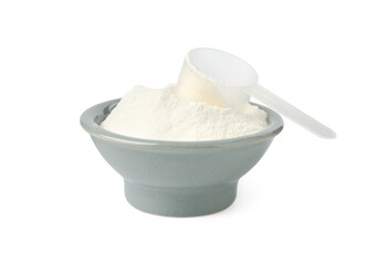 Collagen powder in bowl and scoop isolated on white