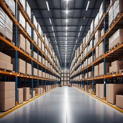 Fototapeta premium Modern Warehouse Interior with High Shelves and Cardboard Boxes