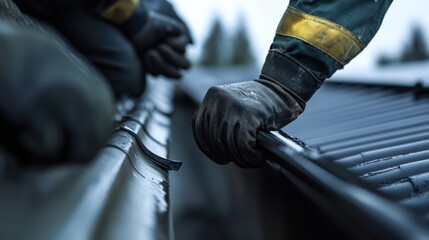 Gutter installer fastening drainage pipes on a commercial roof. Featuring alignment and durability