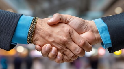 Close-up of two business people shaking hands, with a blurred background, natural lighting.