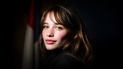 Portrait of a young woman with brown hair and bangs, wearing a black turtleneck sweater, against a dark background with a blurred flag in the background.