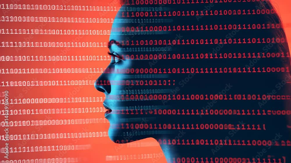 Poster technology technology portrait programming code is projected on a woman face, symbolizing the connec