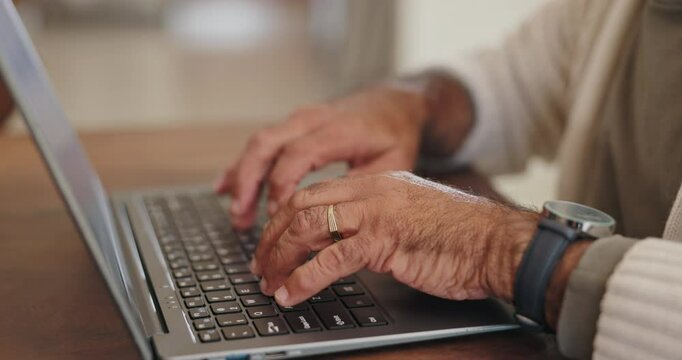 Senior man, hands and laptop for blog in home, online search and scroll on news website or app. Elderly male person, writing and network for communication, closeup and internet banking in retirement