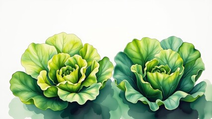 Fototapeta premium Fresh Watercolor Lettuce Leaves on White Background for Culinary and Farm Use