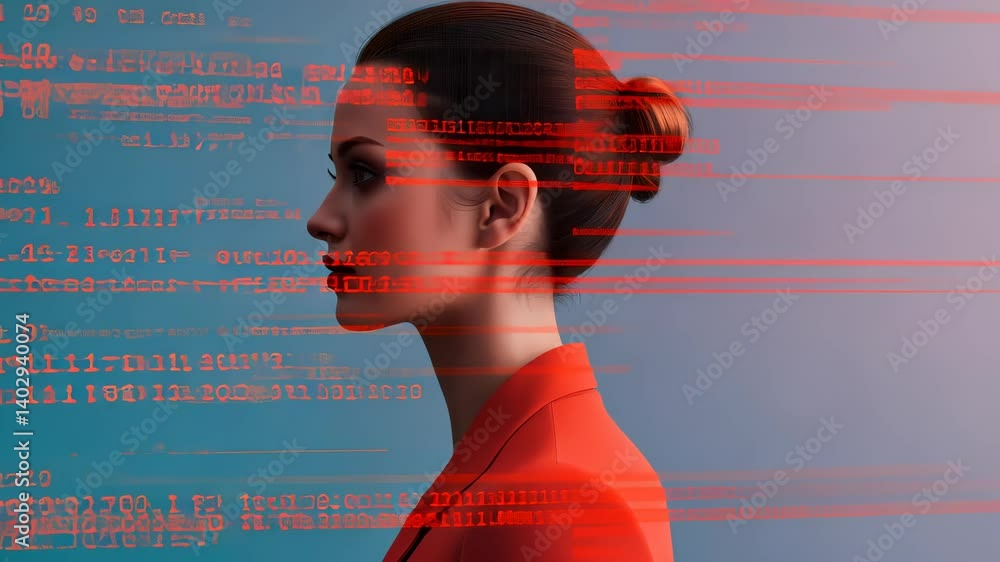 Poster data technology programming symbolizing code is projected technology a woman face, portrait the conn