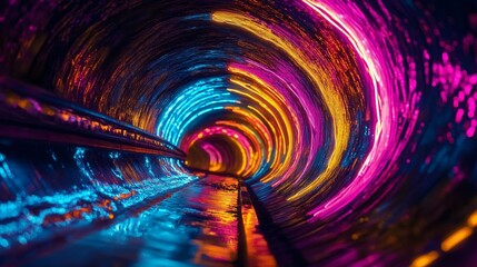 Futuristic high-speed train motion blur in neon tunnel with glowing light trails and dynamic curve perspective, symbolizing fast transport and innovation.