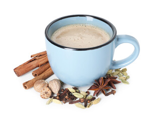 Aromatic Masala tea in cup and spices isolated on white