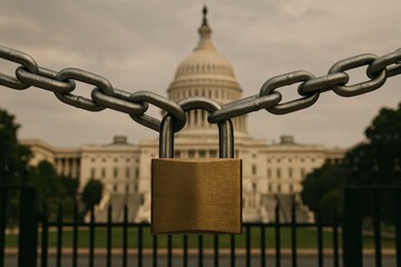 Naklejka premium A close-up of a large chain and padlock secures a gate in front of the Capitol building, emphasizing security measures during political events in Washington DC