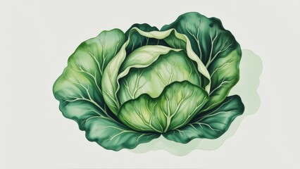 Obraz premium Fresh Green Watercolor Cabbage Illustration with Vibrant Tones and Texture Details