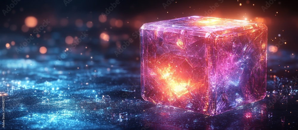Poster mystical crystal cube emitting light on a sparkling surface with bokeh
