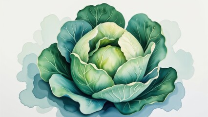 Obraz premium Fresh Green Watercolor Cabbage Artwork with Vibrant Tones and Detailed Texture