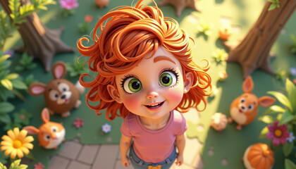 Cheerful little girl smiling surrounded by cute cartoon animals and nature in a colorful forest