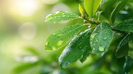 Green leaves with water droplets are beautifully illuminated by sunlight