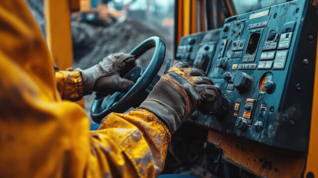 Heavy equipment operator adjusting controls inside an excavator. Featuring focus and expertise