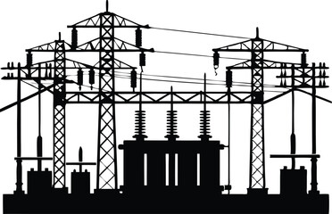 Silhouette Illustration Of Electrical Substation With Transformers And Power Lines For Industrial Energy Concepts, electrical substation, power plant, silhouette, transformer, electricity, pylon - obrazy, fototapety, plakaty