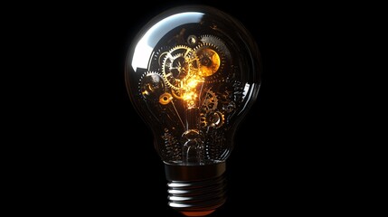 Futuristic glowing light bulb with mechanical gear concept. Innovation and creative technology idea for industrial and engineering design.