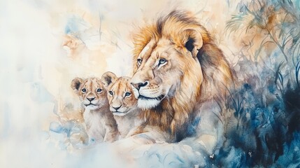 Lion family 1 2 3 watercolor painting dreamy background in soft pastel colors and abstract foliage cute lions african wildlife art 