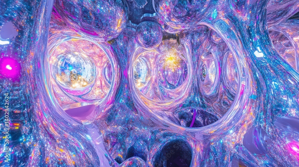 Poster an abstract iridescent corridor with luminous circular passages and spherical shapes