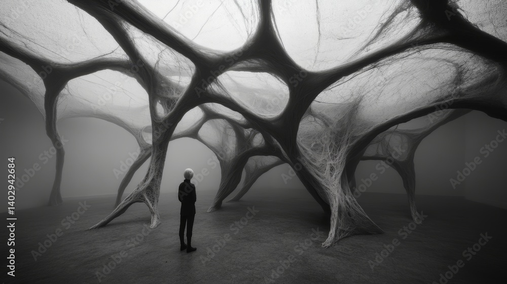 Aufkleber abstract art installation featuring intricate web structures in monochrome gallery